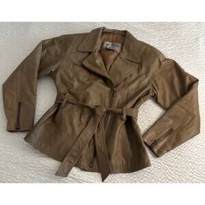 Camel Colored Leather Short Belted Trench Coat American Leather Ladies Size L